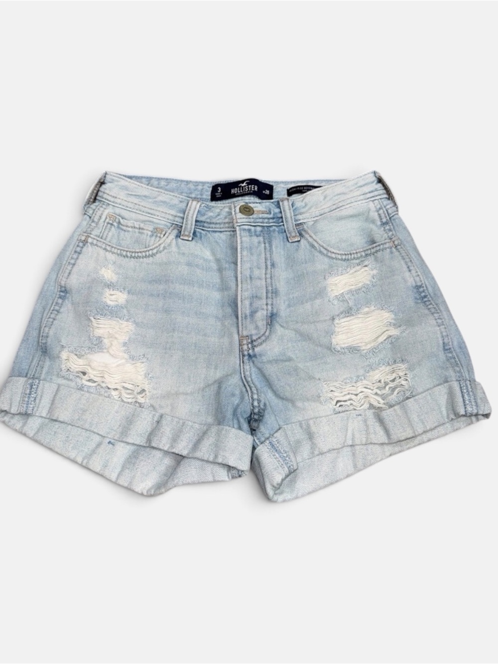 Hollister High Rise Boyfriend Shorts Light Wash Distressed Denim Size 3 W26